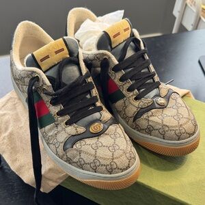 Gucci Beige Monogram Sneakers with Red and Green Accents
